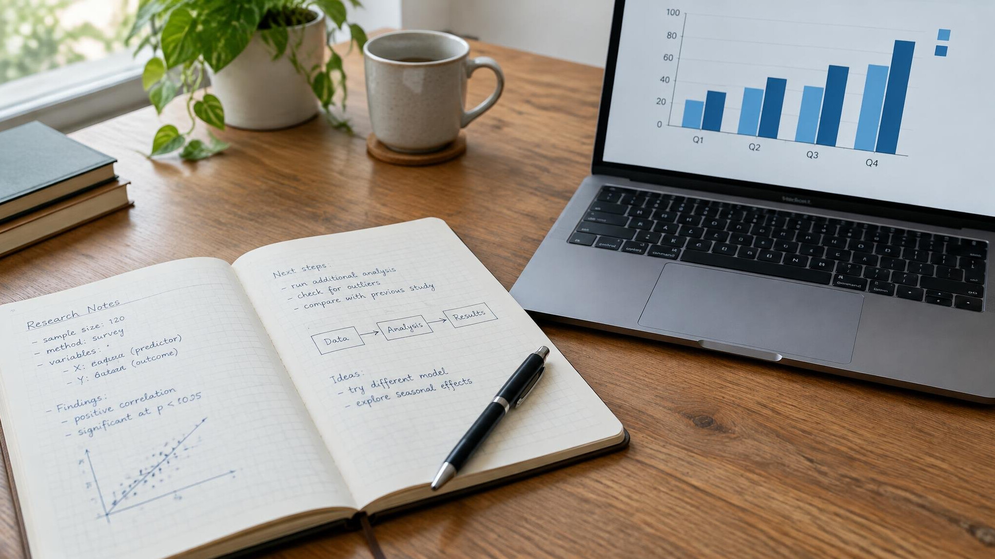 Open notebook with handwritten research notes beside a laptop