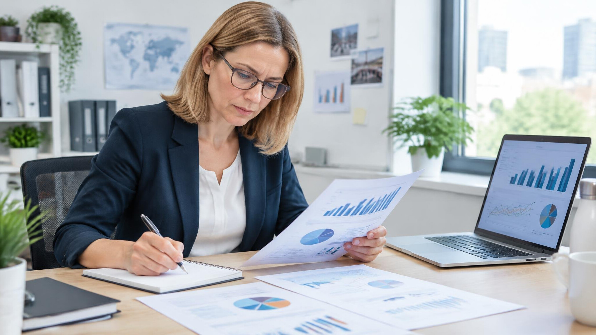 Researcher writing notes while reviewing statistical charts