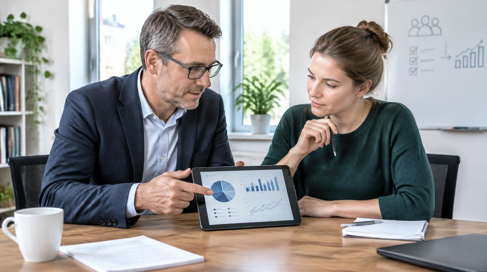 Two researchers discussing survey methodology over a tablet