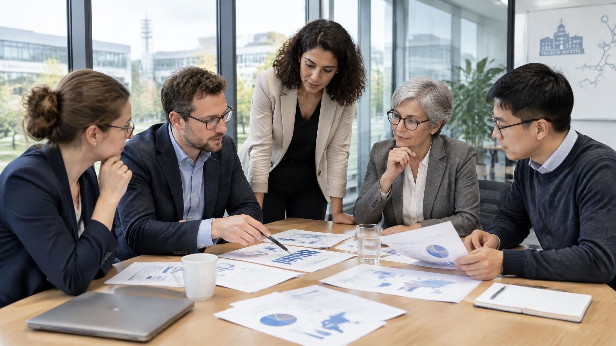 Research institute meeting room with analysts discussing findings