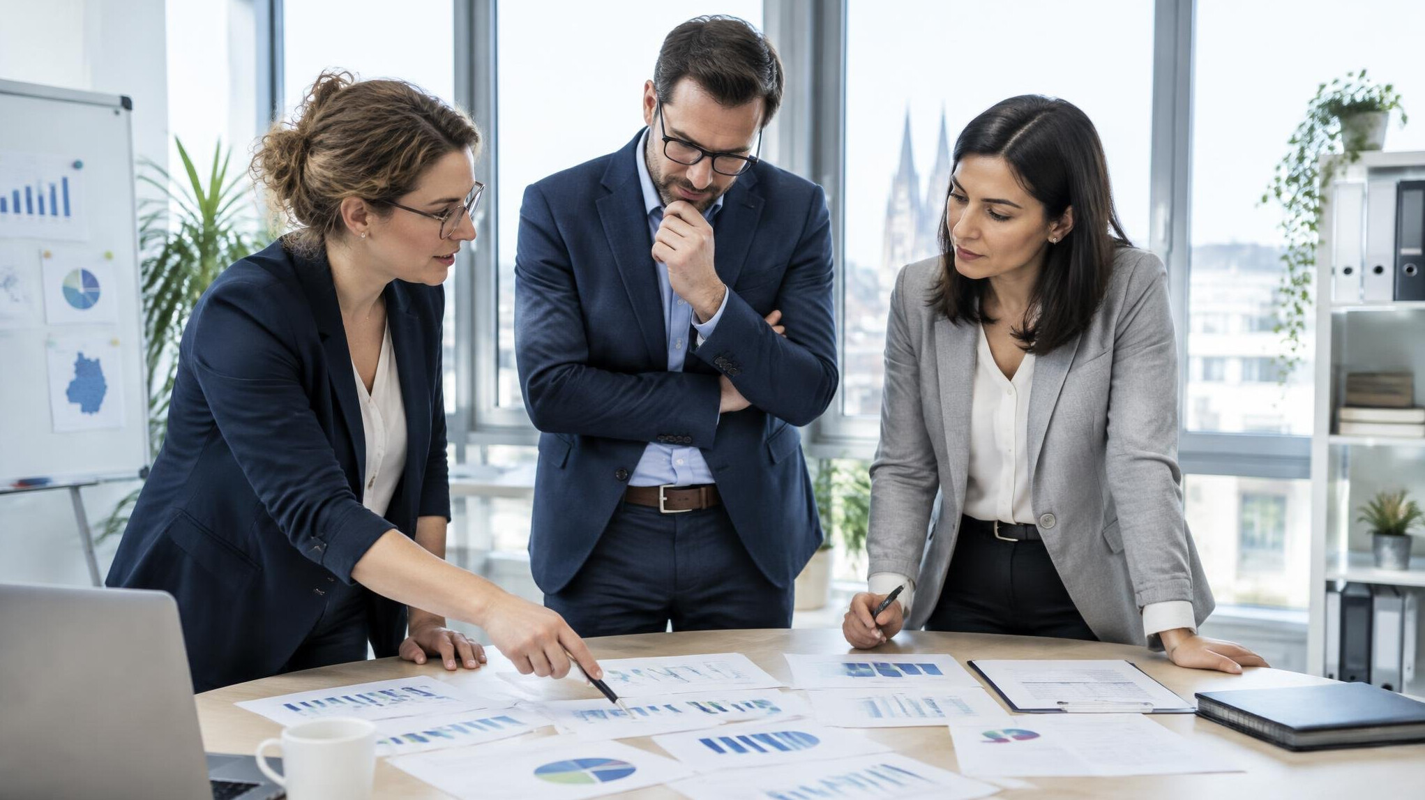 Research team analyzing survey charts in a modern office